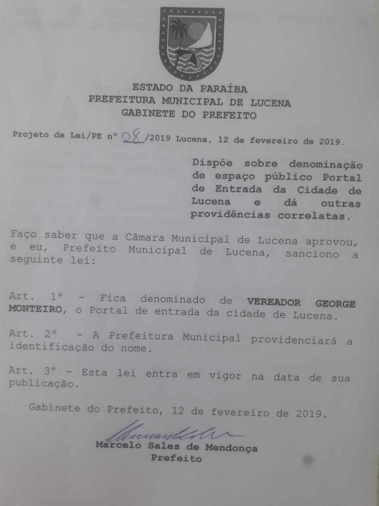 Portal de Entrada da cidade de Lucena levará nome do tio do prefeito Marcelo Monteiro